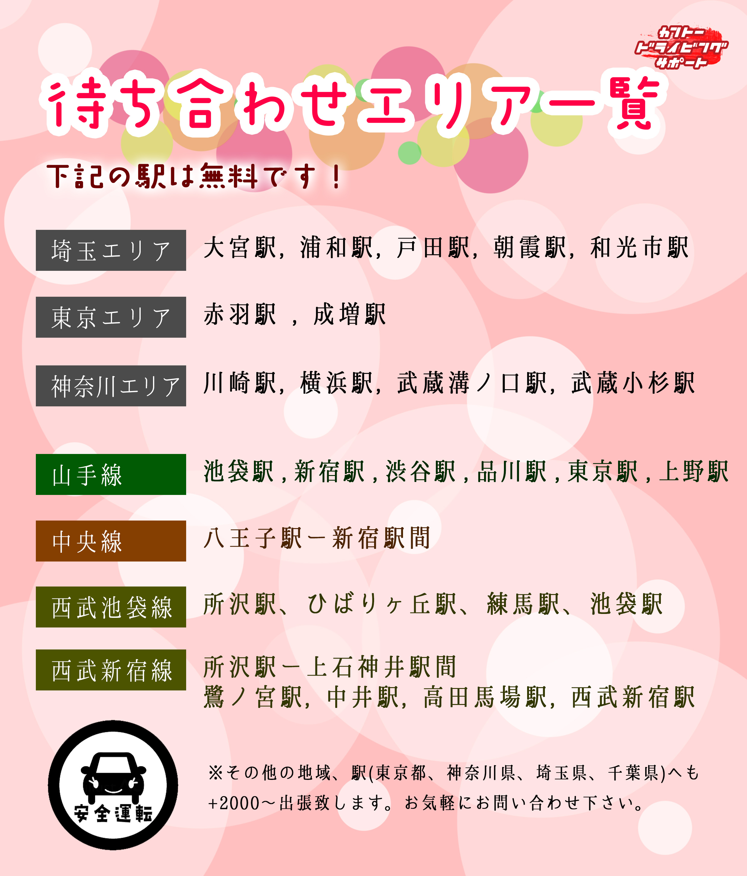 東京 埼玉 神奈川のペーパードライバー講習・初心者講習のエリア一覧